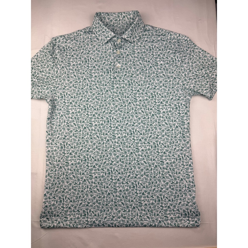 Rhoback Polo Shirt S White Green Floral Botanical Performance Stretch Short Slve